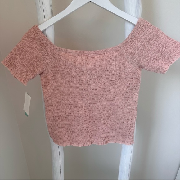 Abound Womens Lettuce Edge Trim Shirred Smocked Off-the-Shoulder Crop Top SZ S - Picture 2 of 11